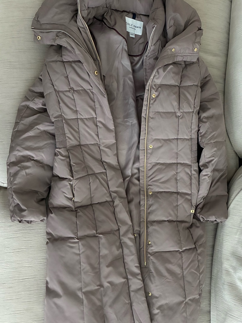 Cole Haan Long Quilted Puffer Coat in Taupe